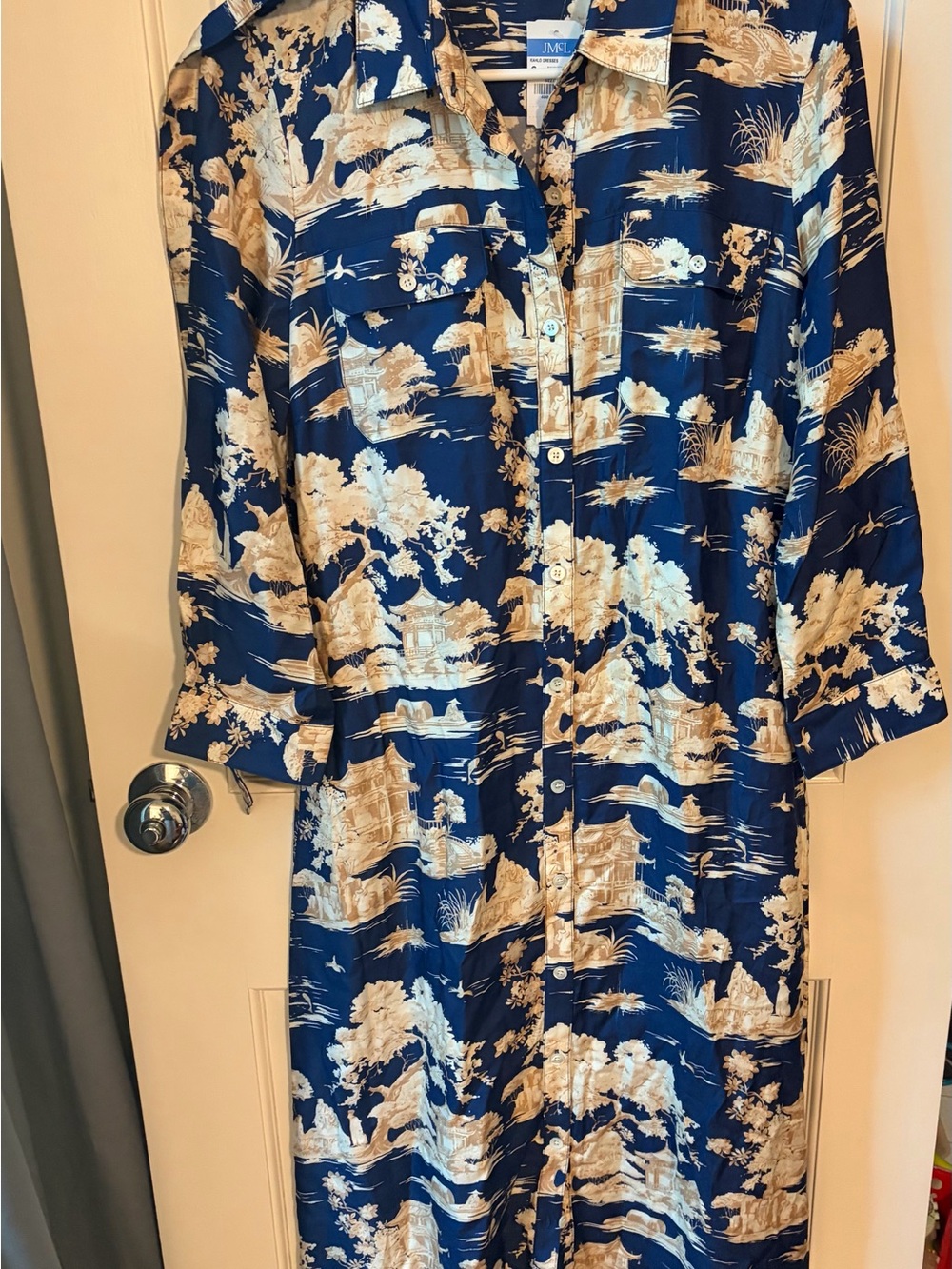 JMA Navy and Cream Long Sleeve Maxi Dress